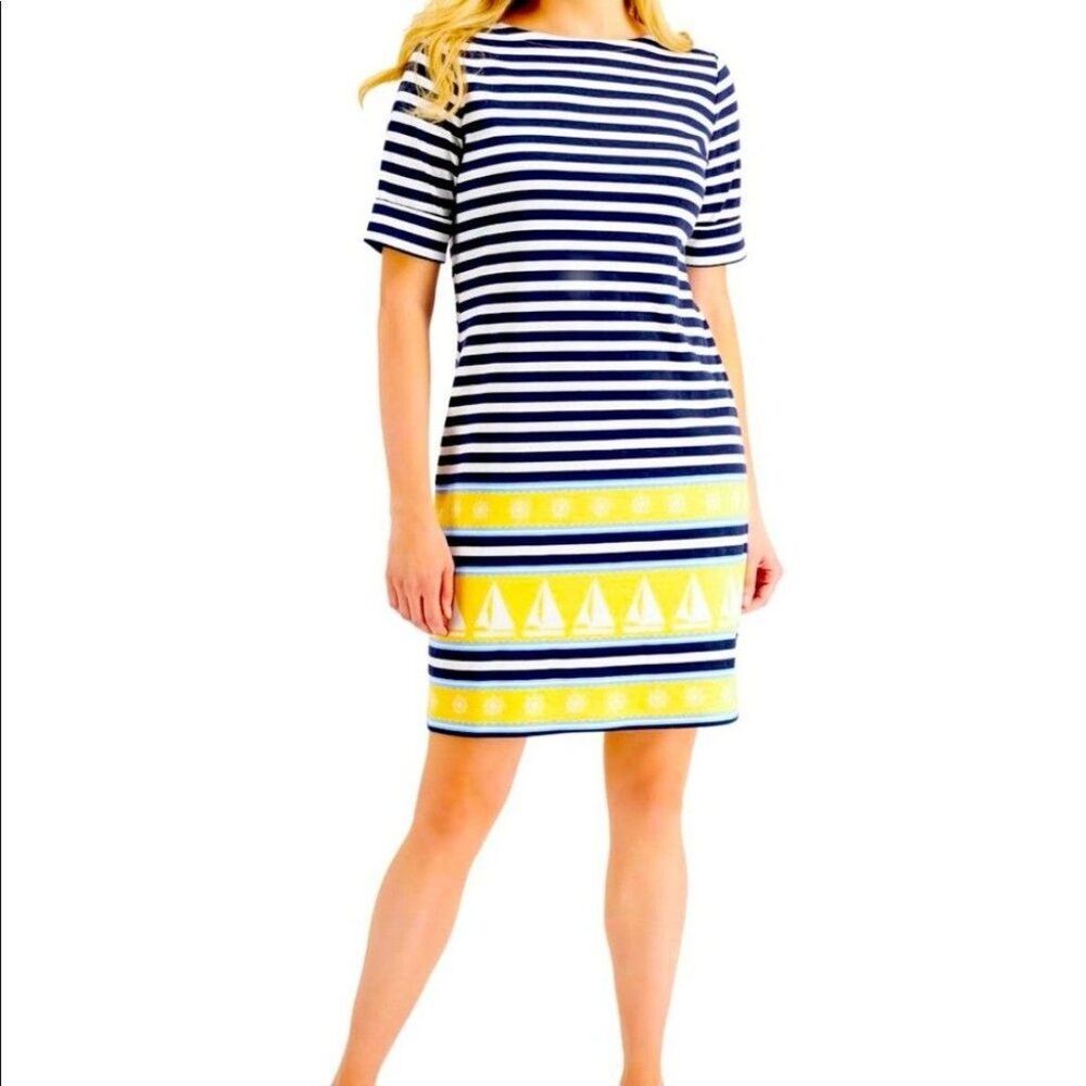Dress Karen Scott navy white yellow Sailor Stripe brand new with tag